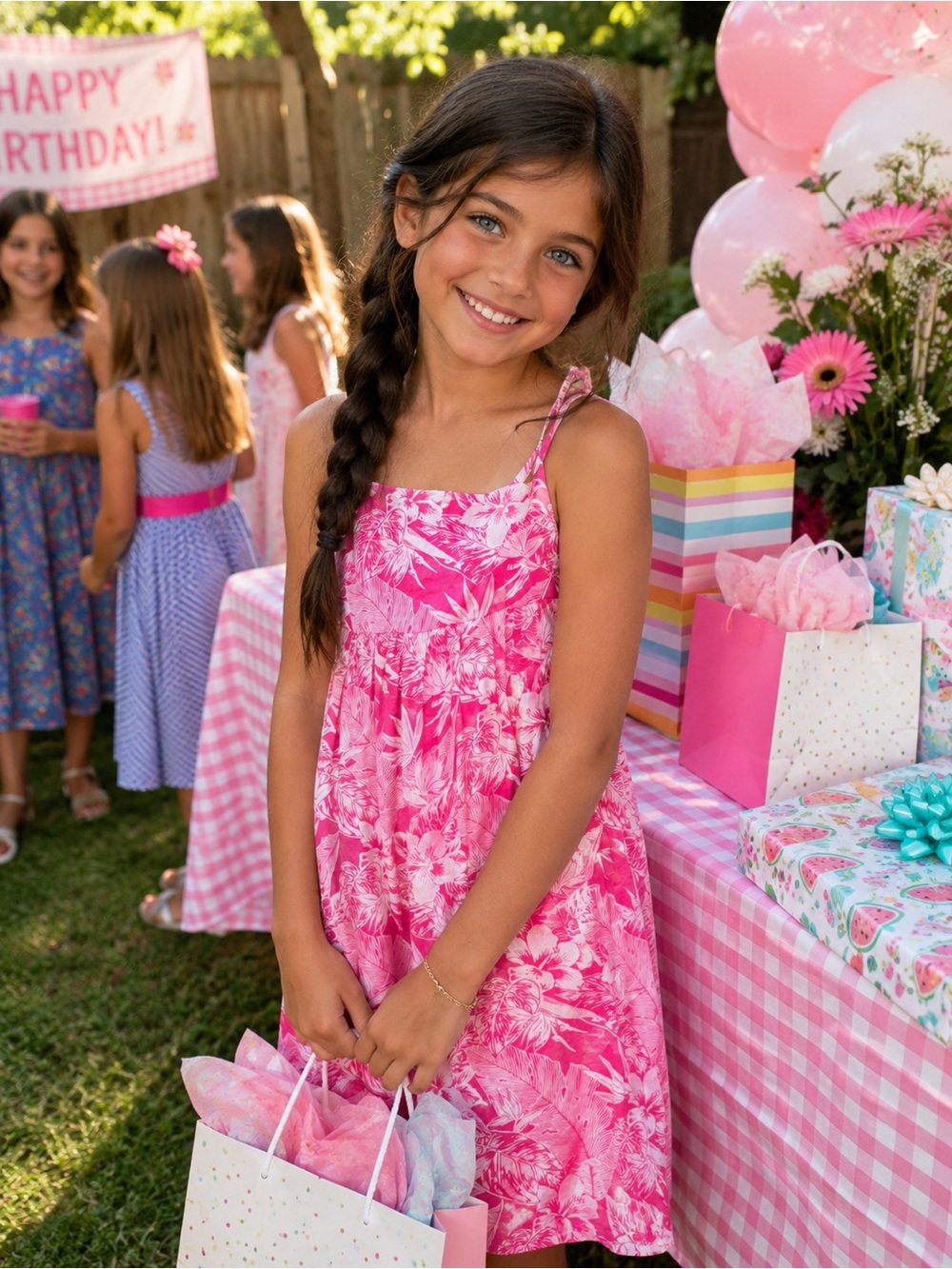 Janie and Jack Bright Pink Tropical Palm Sundress Dress